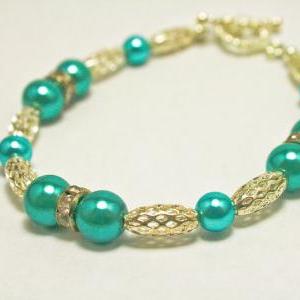 Clearance Silver Metal And Teal Pearl Bracelet