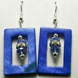 Blue Square Shell And Crystal Earrings