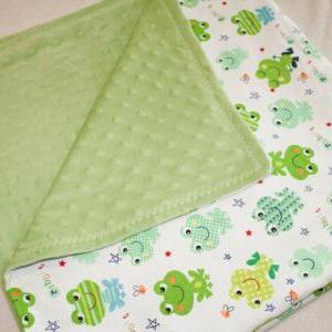 Green Minky And Frog Flannel Baby Blanket
