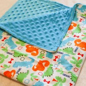Blue Minky And Dinosaur Flannel Baby Blanket
