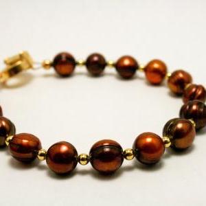 Brown And Gold Potato Pearl Bracelet