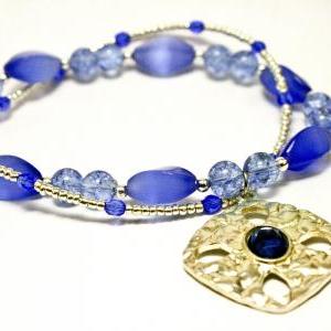 Blue Cats Eye Glass Double Stranded Necklace