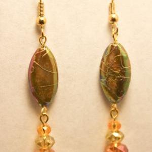 Gold And Tan Abalone Shell Dangle Earrings
