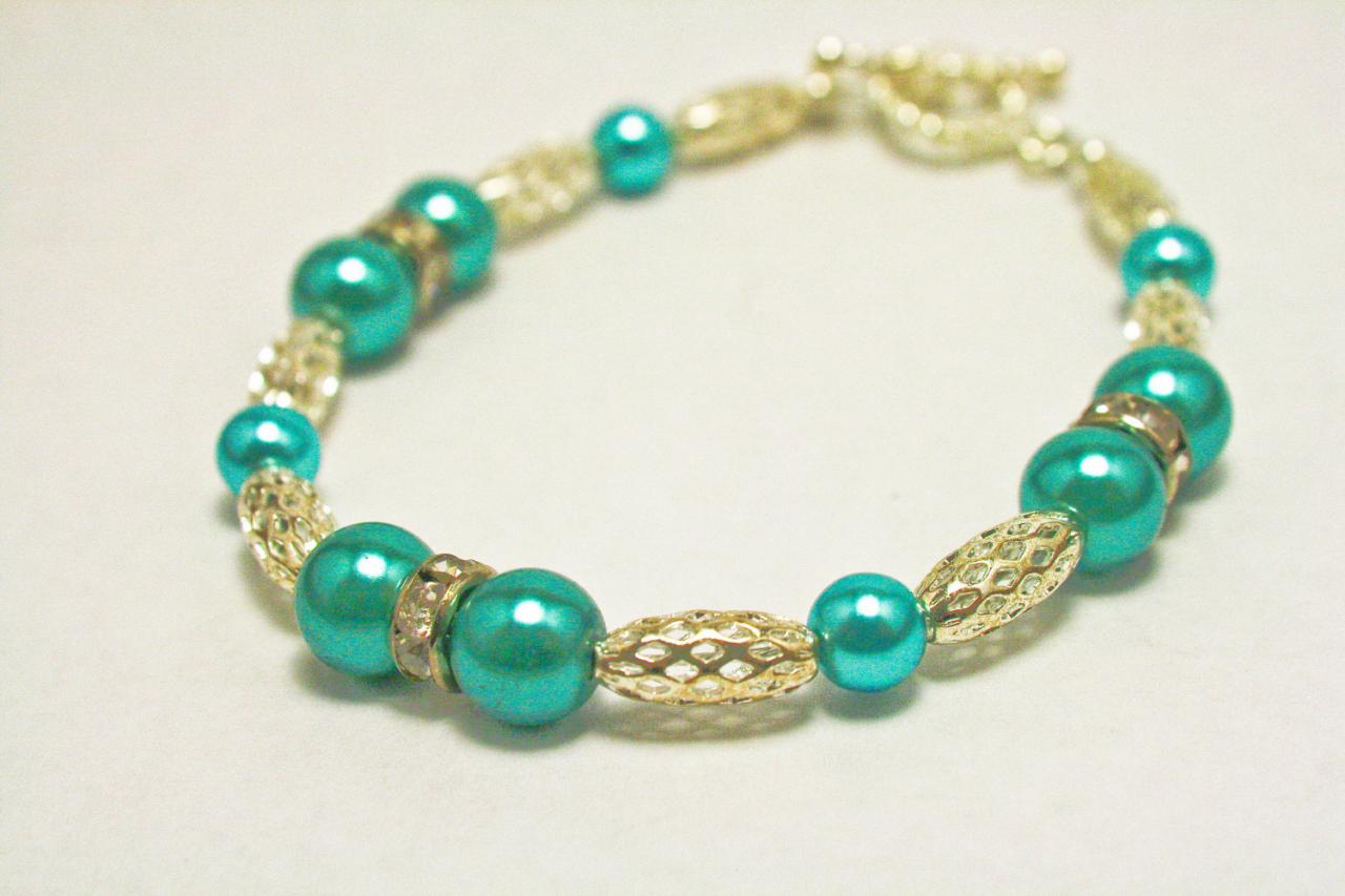 Clearance Silver Metal And Teal Pearl Bracelet