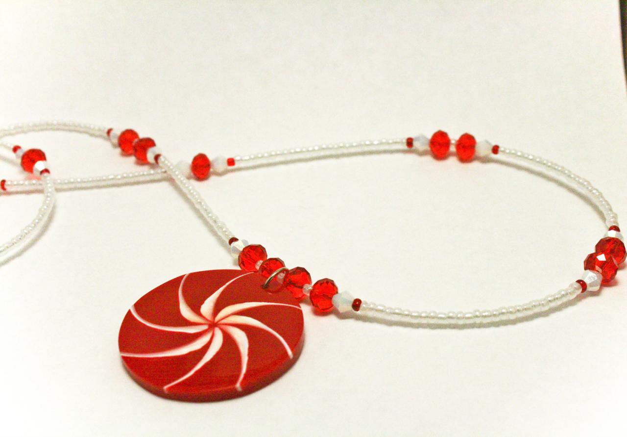 Clearance Red And White Seed Bead And Fire Polsihed Glass Necklace