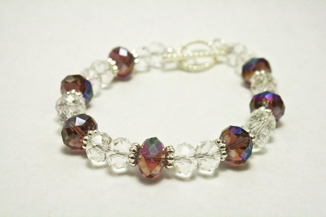 Purple And Clear Iridescent Fire Polished Glass Bracelet
