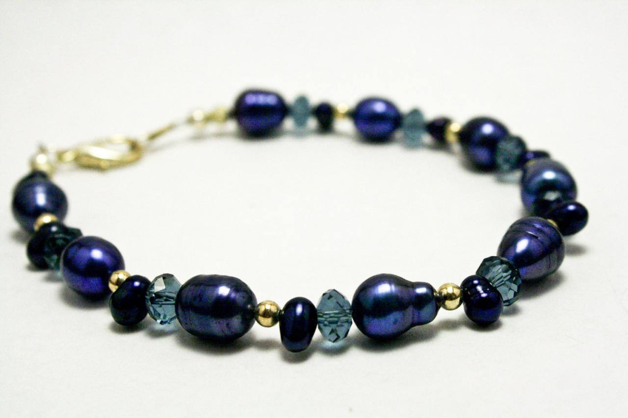 Dark Blue And Silver Pearl Bracelet