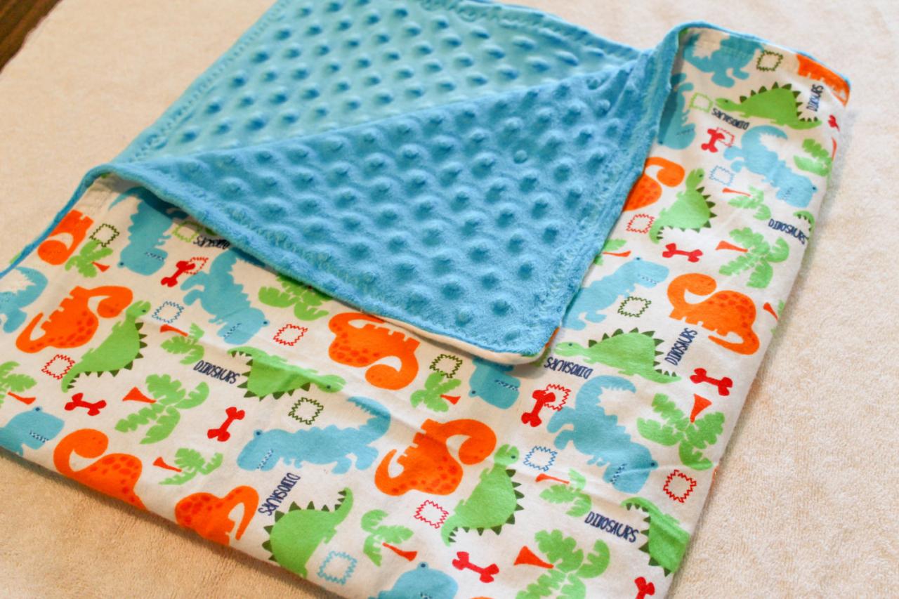 Blue Minky And Dinosaur Flannel Baby Blanket