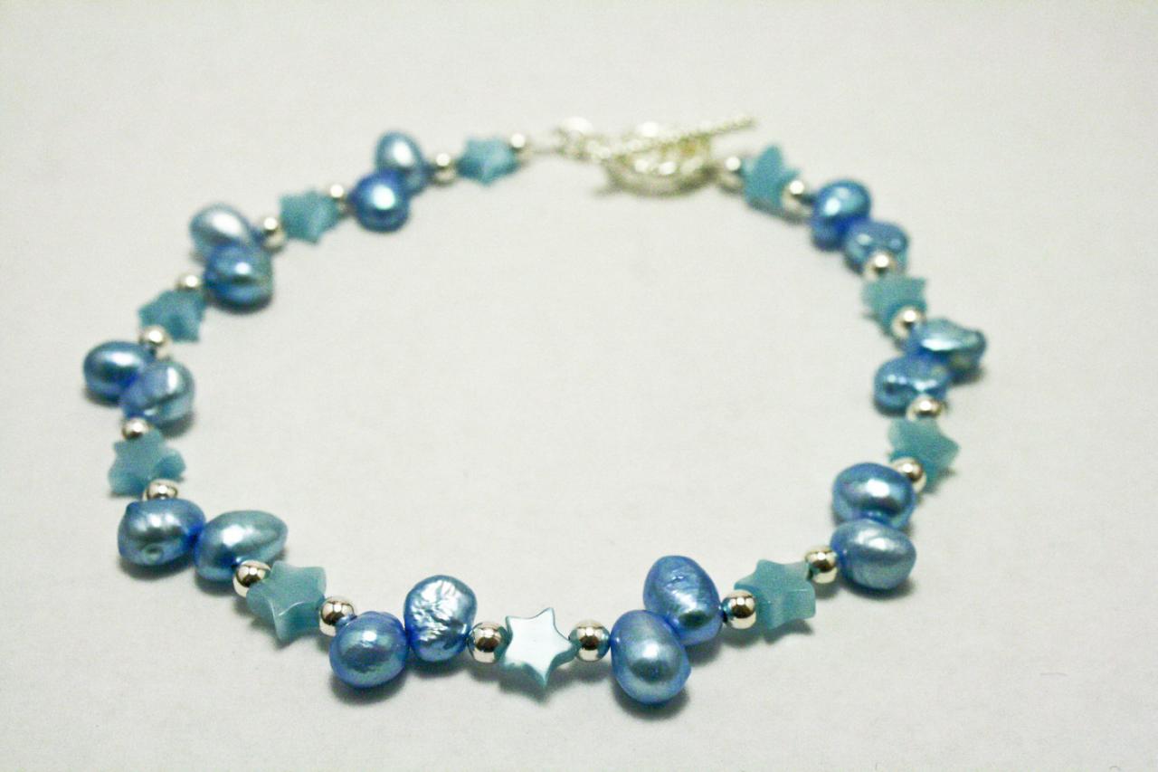 Light Blue Cats Eye Glass Star And Pearl Bracelet