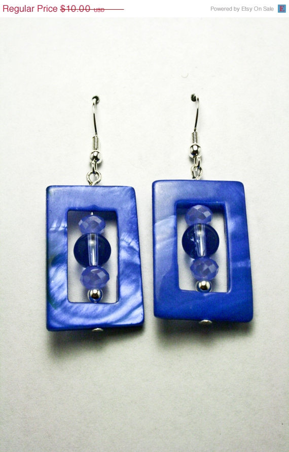 Blue Shell And Glass Square Earrings