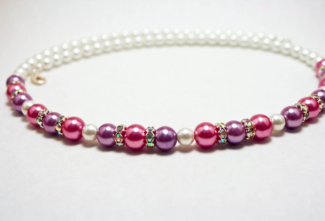 Purple, Pink, And White Crystallized Pearl Necklace