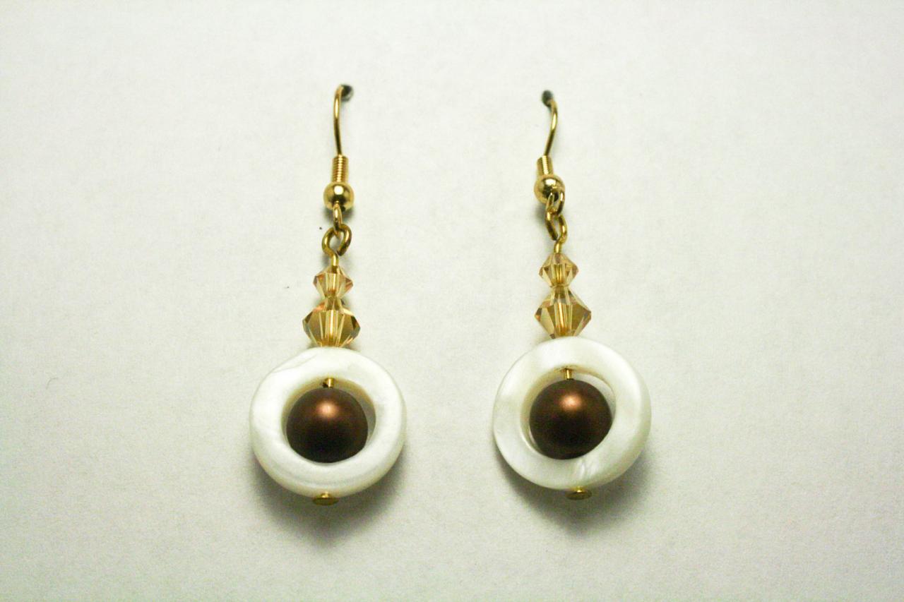 Clearance Brown Pearl And White Shell Dangle Earrings