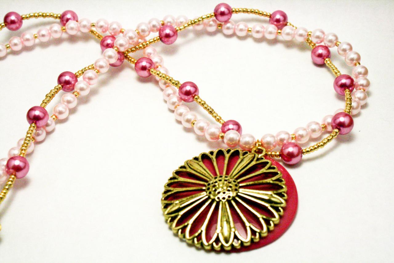 Pink And Gold Pearl Daisy Pendant Necklace