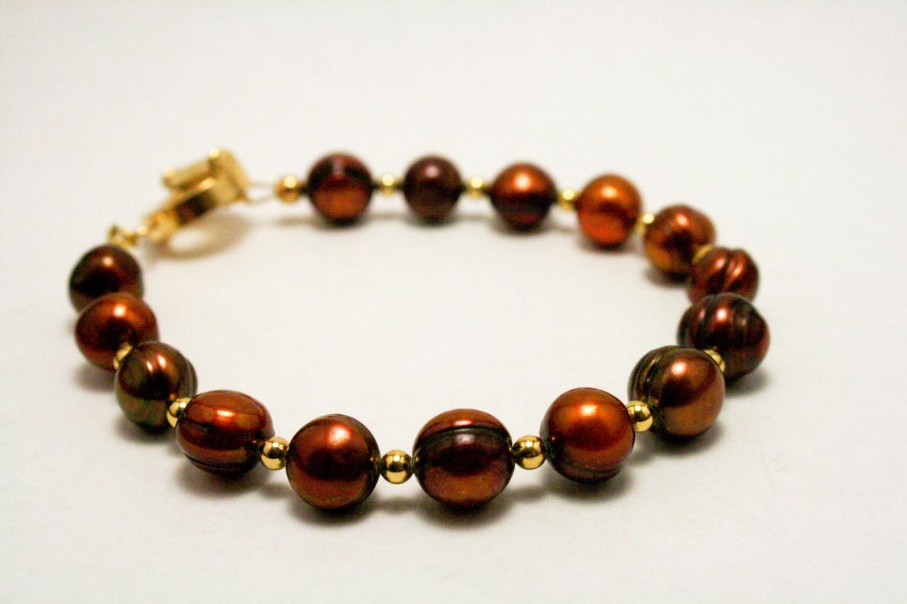 Brown And Gold Potato Pearl Bracelet