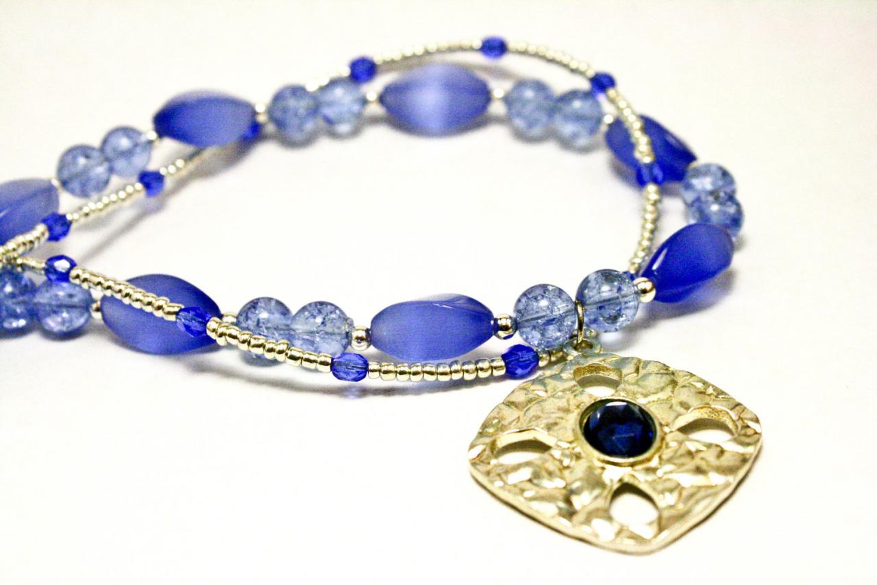 Blue Cats Eye Glass Double Stranded Necklace
