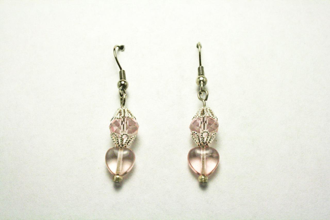 Clearance Pink And Silver Glass Heart Earrings
